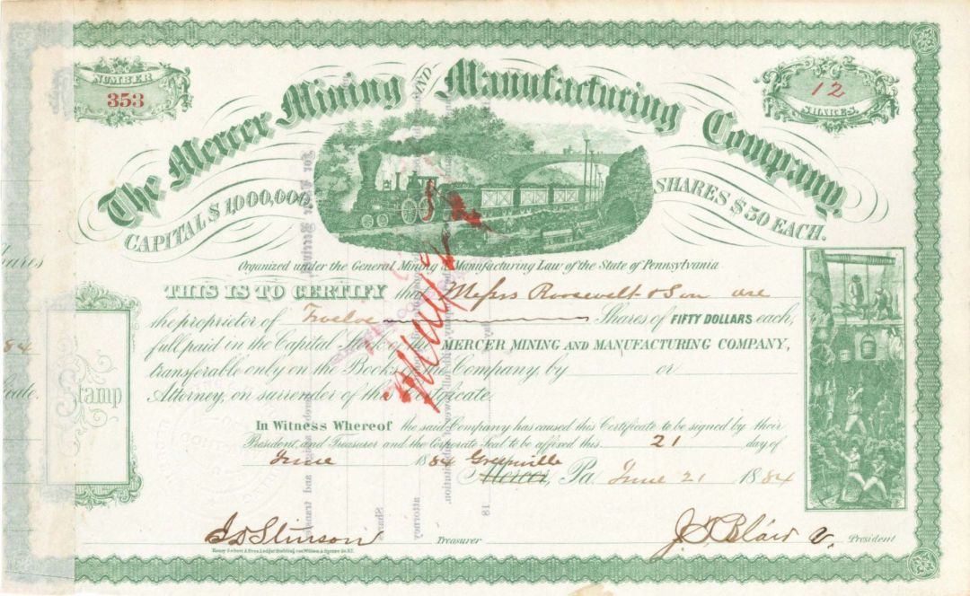 Mercer Mining and Manufacturing Co. Issued to Roosevelt and Son - 1884 or 1869 dated Stock Certificate