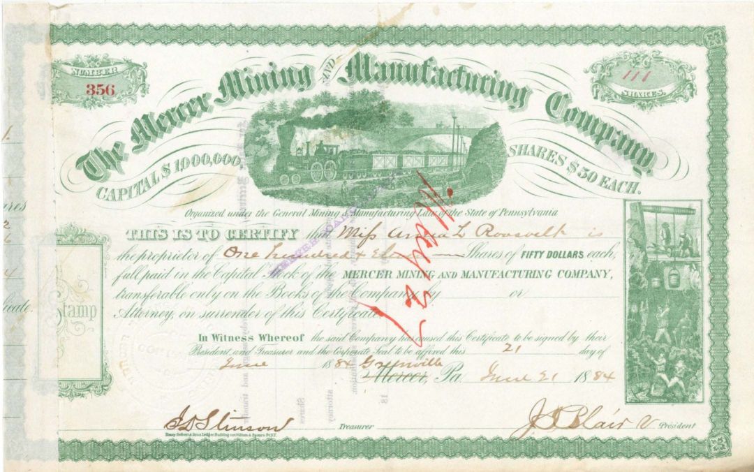 Mercer Mining and Manufacturing Co. Issued to Anna L. Roosevelt - 1884 dated Stock Certificate