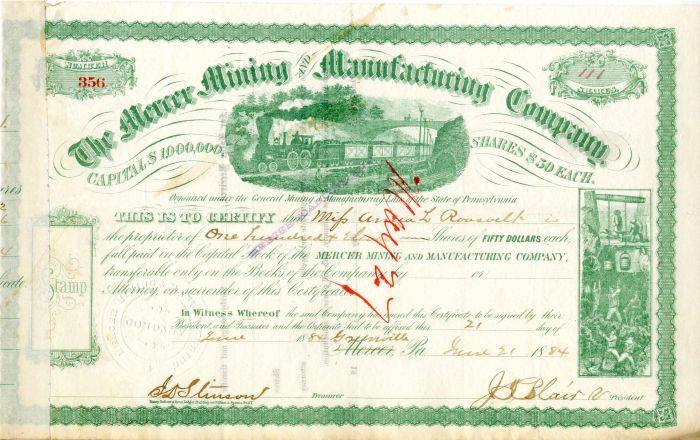 Mercer Mining and Manufacturing Co. Issued to Anna L. Roosevelt - Stock Certificate