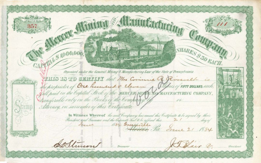 Mercer Mining and Manufacturing Co. Issued to Corinne R. Roosevelt - 1884 dated Stock Certificate