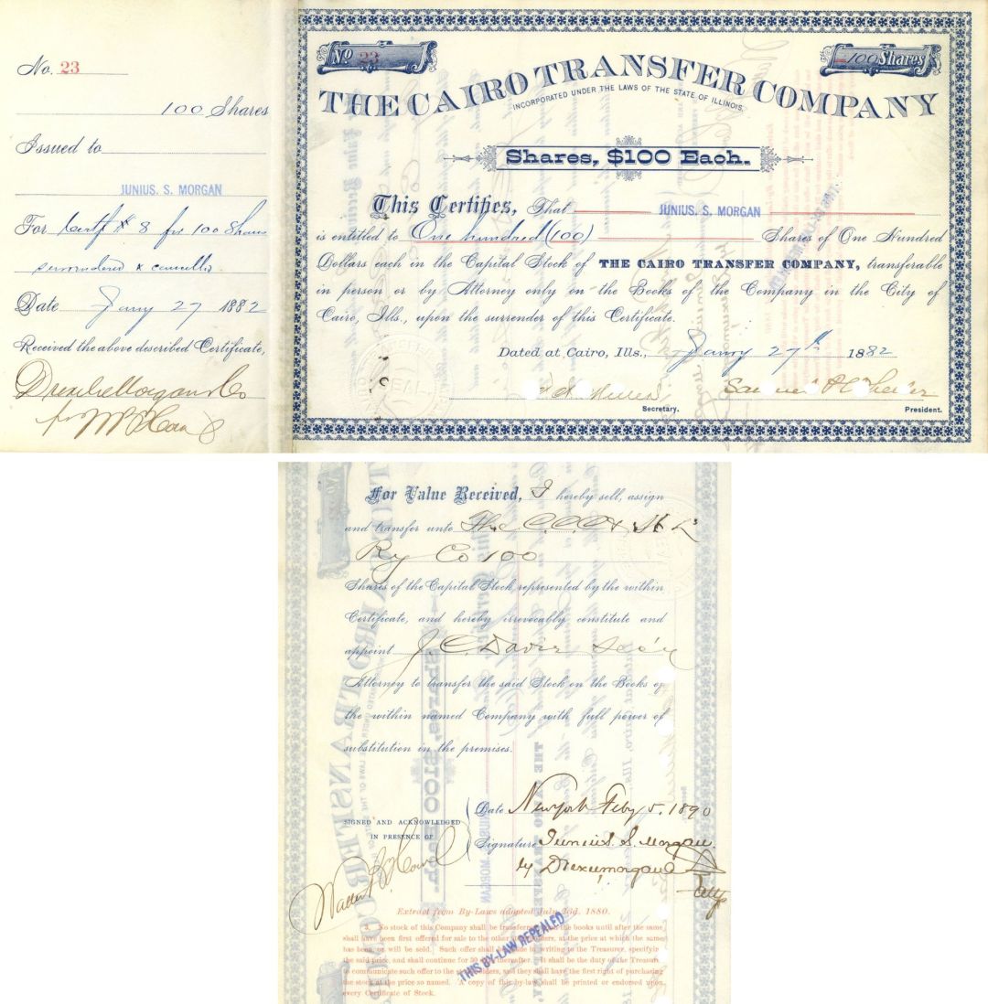 Cairo Transfer Co. Issued to Junius S. Morgan - 1882 dated Railway Stock Certificate - Signed at Back by Attorney for Junius S. Morgan