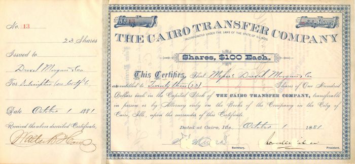 Cairo Transfer Co. Issued to Drexel, Morgan and Co. - Stock Certificate