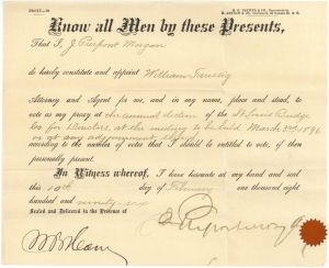 J. Pierpont Morgan signed 1896 Proxy for the St. Louis Bridge Co. - Autograph