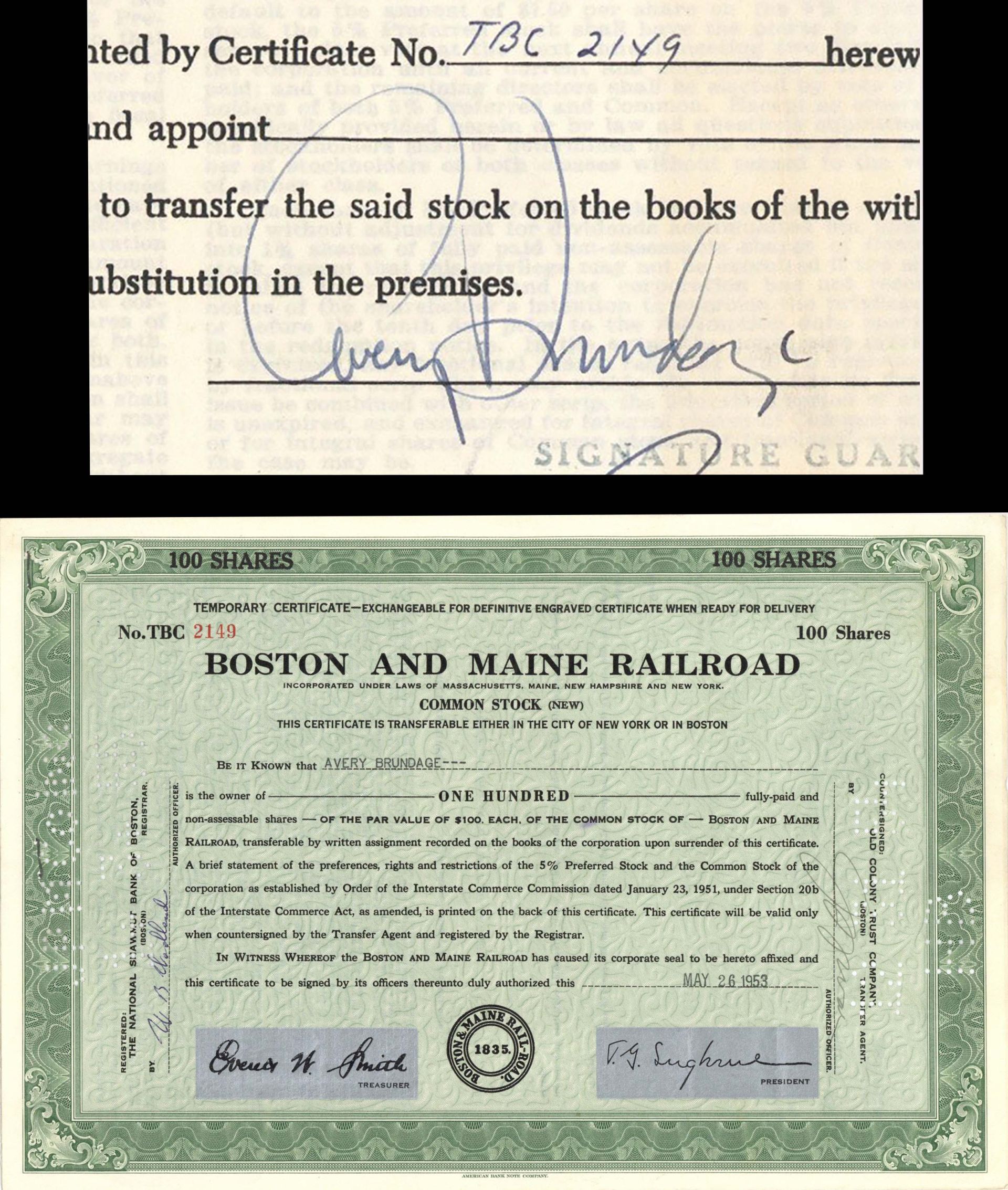 Boston and Maine Railroad signed by Avery Brundage - Stock Certificate