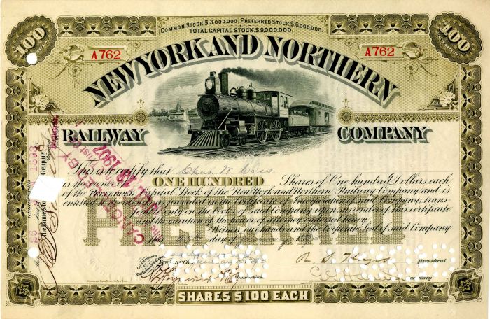 New York and Northern Railway Co. Issued to Chas. Cass - Stock Certificate