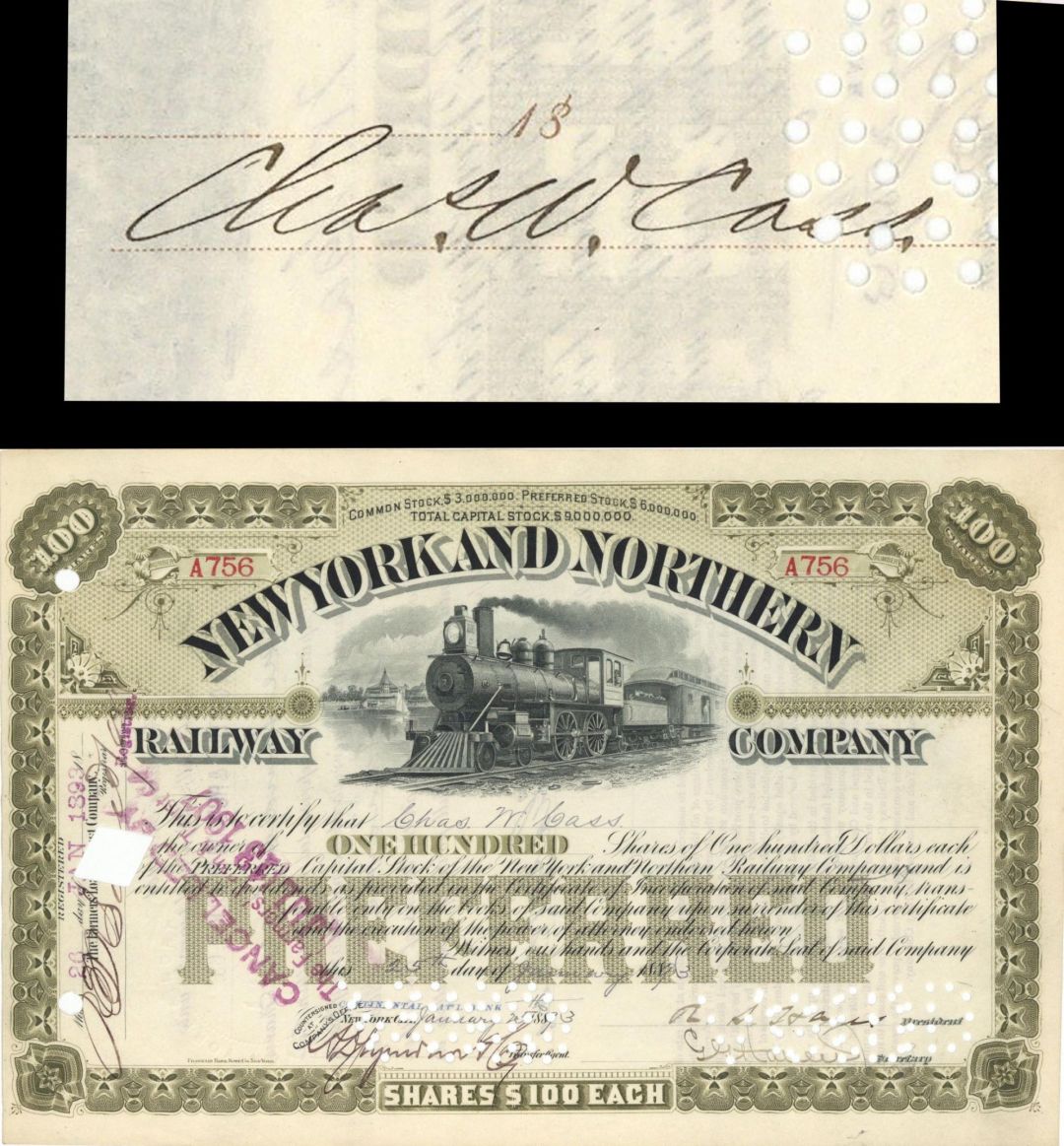 New York and Northern Railway Co. Issued to Chas. W. Cass - 1893 dated Stock Certificate