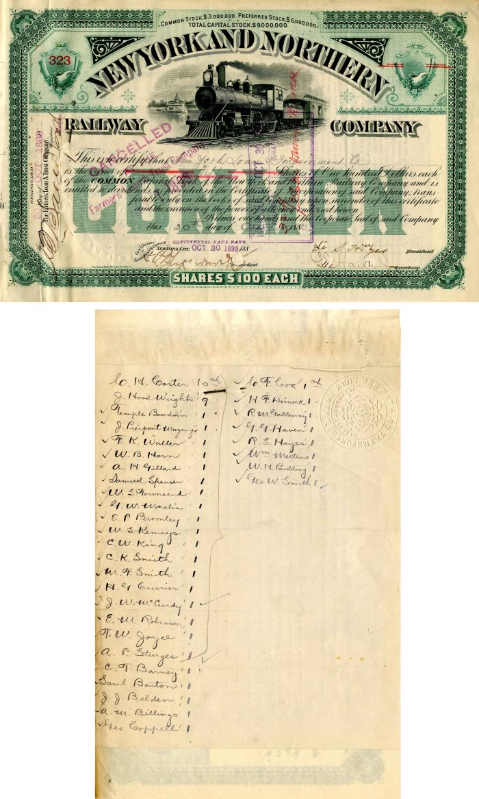 New York and Northern Railway Company - J. Pierpont Morgan Transfer - Stock Certificate