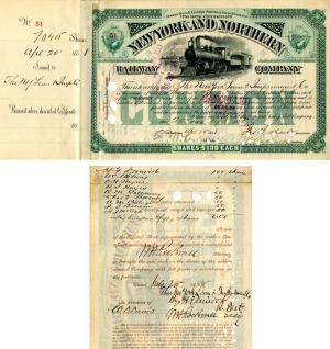 New York and Northern Railway Co. Transferred to W.C. Whitney - Stock Certificate