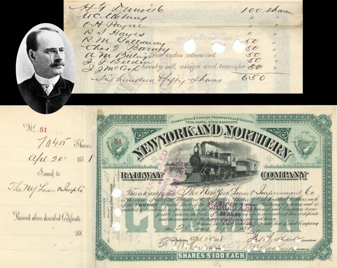 New York and Northern Railway Co. Transferred to W.C. Whitney - 1888 dated Autographed Stock Certificate
