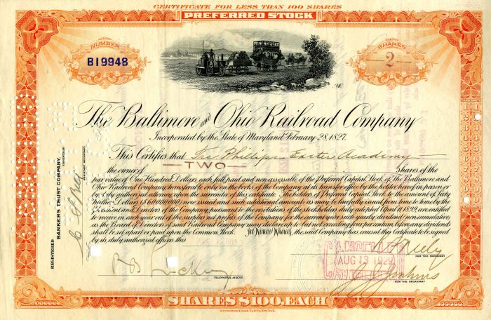 Baltimore and Ohio Railroad Co. Issued to Phillips Exeter Academy - Stock Certificate