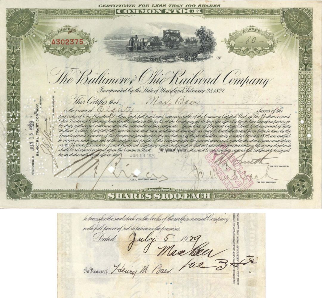 Baltimore and Ohio Railroad Co. Issued to and signed by Max Baer - Stock Certificate