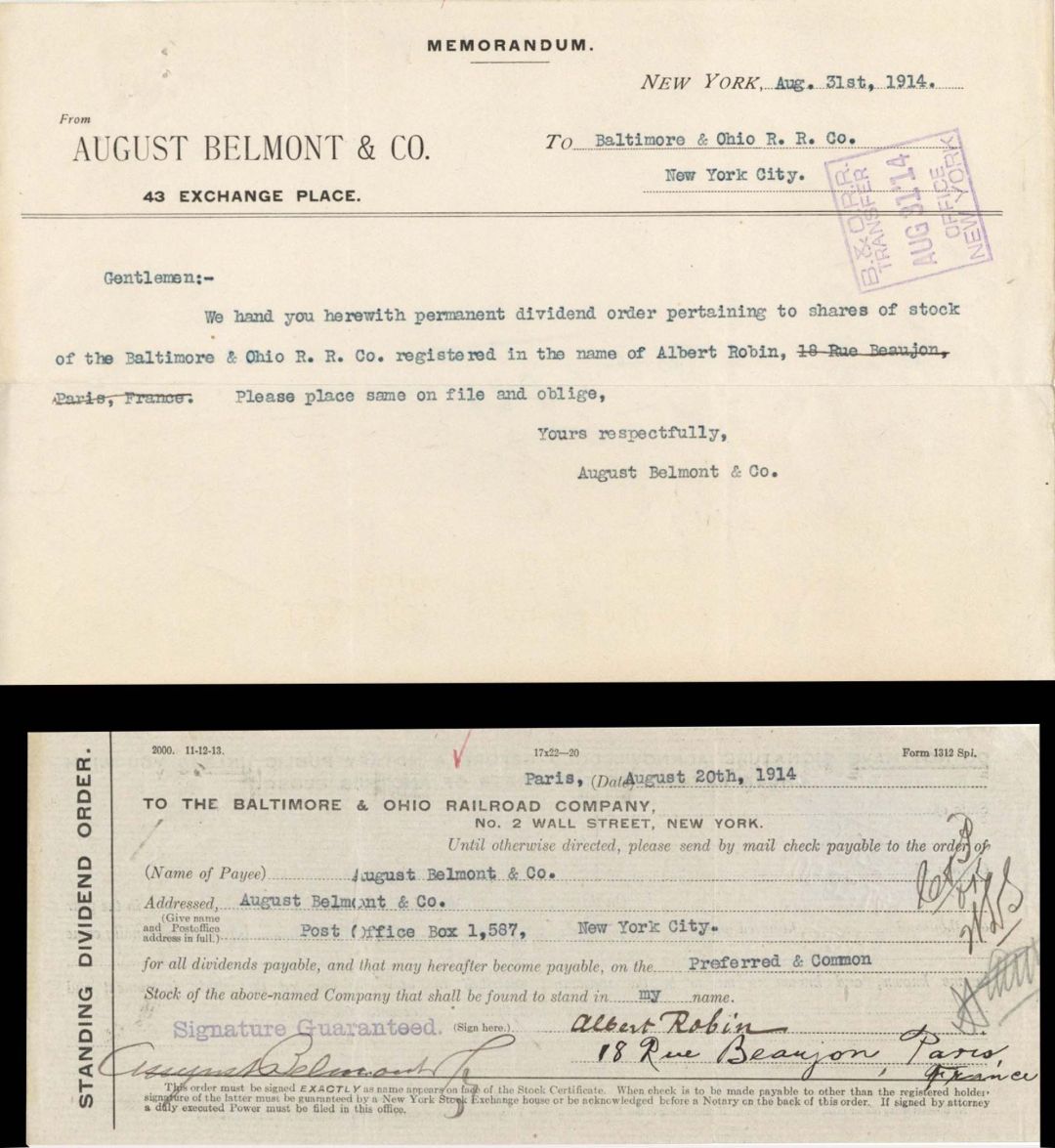 Baltimore and Ohio Railroad Co. Dividend Order signed by August Belmont Co. - 1914 dated Autographed Stock Certificate
