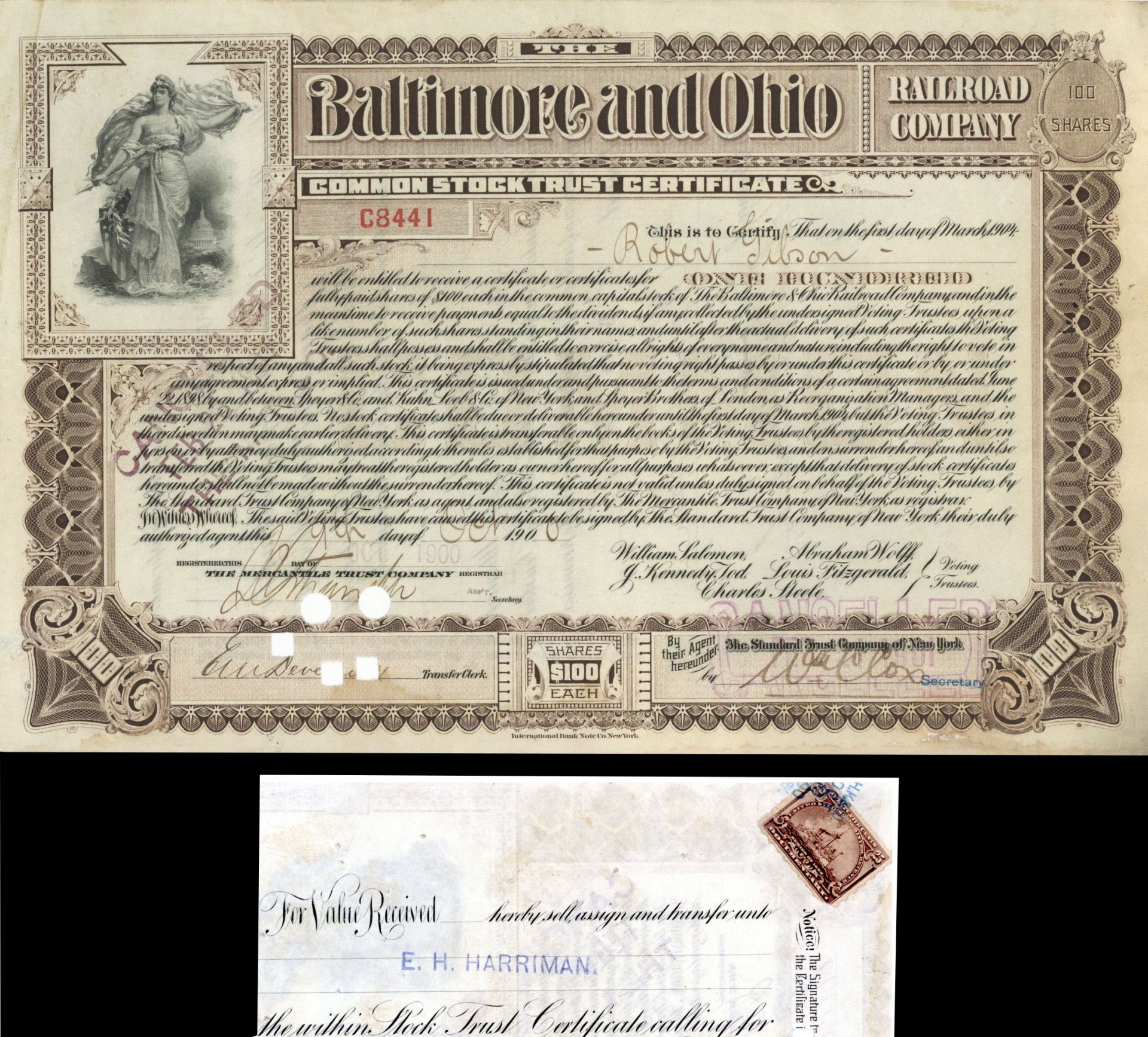 Baltimore and Ohio Railroad Company Transferred to E.H. Harriman - Stock Certificate