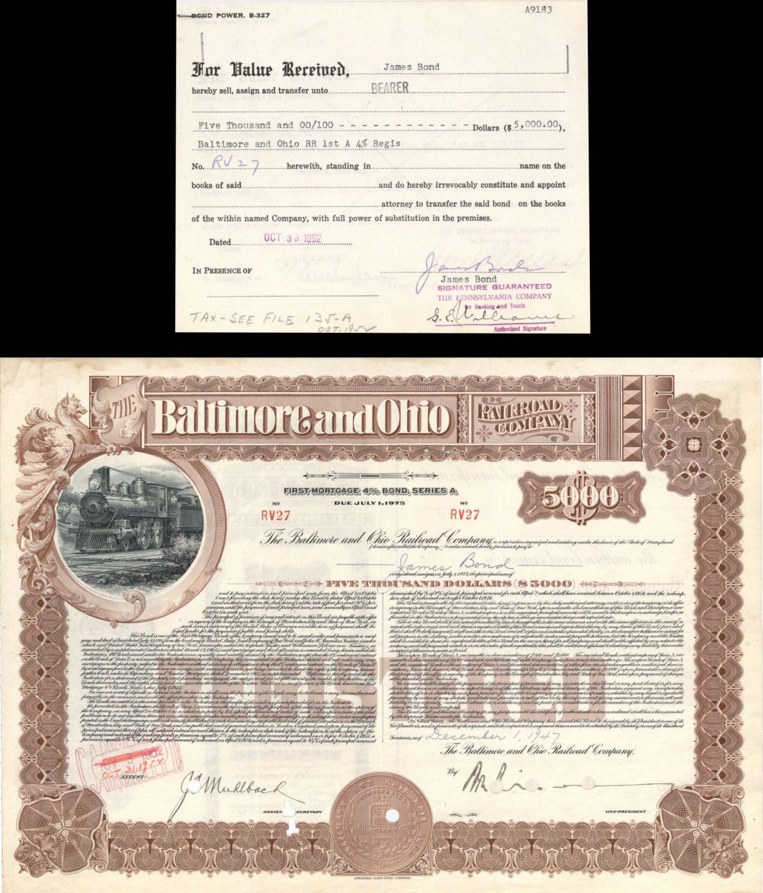Baltimore and Ohio Railroad Co. Issued to and Signed by James Bond - 1947 dated $5,000 Bond