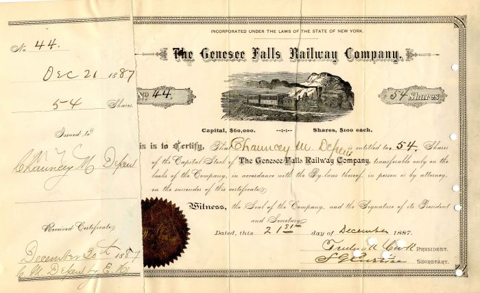 Genesee Falls Railway Co. Issued to Chauncey M. Depew - Stock Certificate