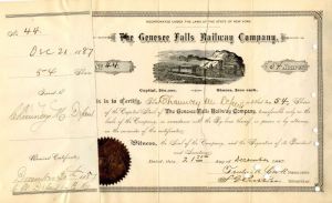 Genesee Falls Railway Co. Issued to Chauncey M. Depew - Stock Certificate