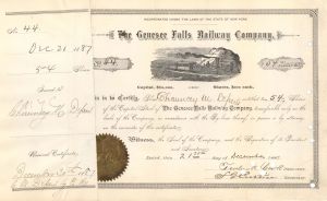 Genesee Falls Railway Co. Issued to Chauncey M. Depew - 1887 dated Stock Certificate