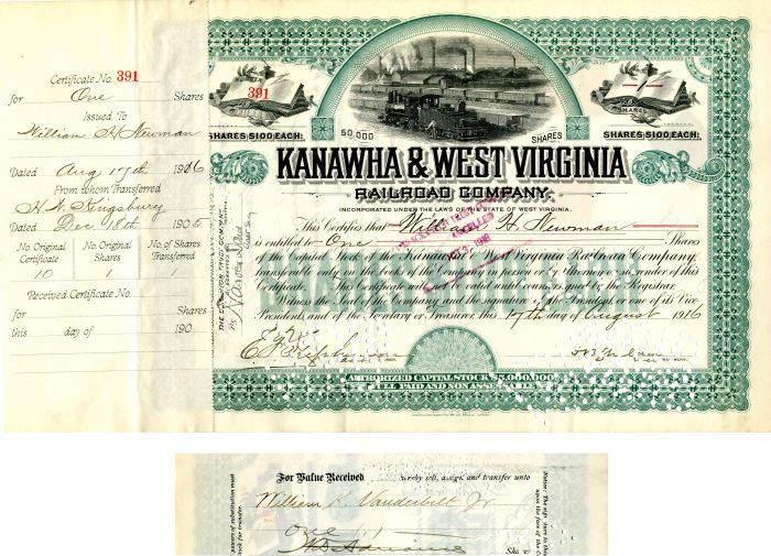 Kanawha and West Virginia Railroad Co. Transferred to William K. Vanderbilt, Jr. - Stock Certificate