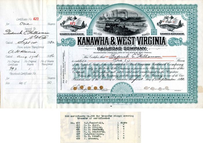 Kanawha and West Virginia Railroad Co. Transferred to William K. Vanderbilt - Stock Certificate