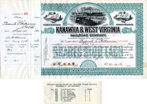 Kanawha and West Virginia Railroad Co. Transferred to Wm. K. Vanderbilt - Stock Certificate