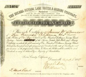 Sierra Nevada Lake Water and Mining Co. issued to James W. Denver - Stock Certificate