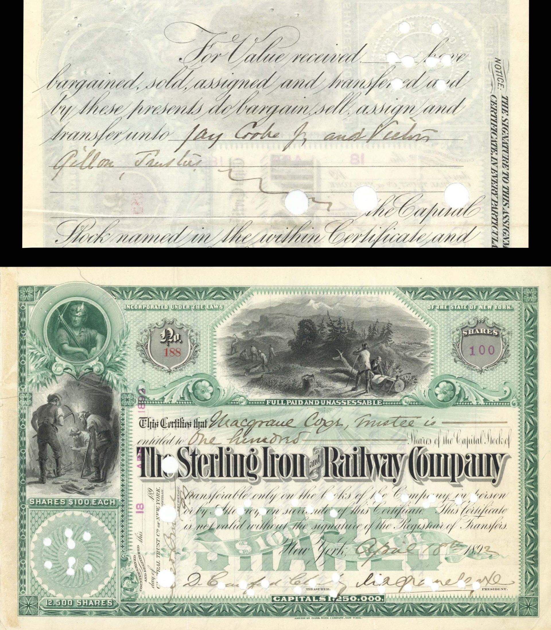 Sterling Iron and Railway Co. Transferred to Jay Cooke, Jr. - Stock Certificate