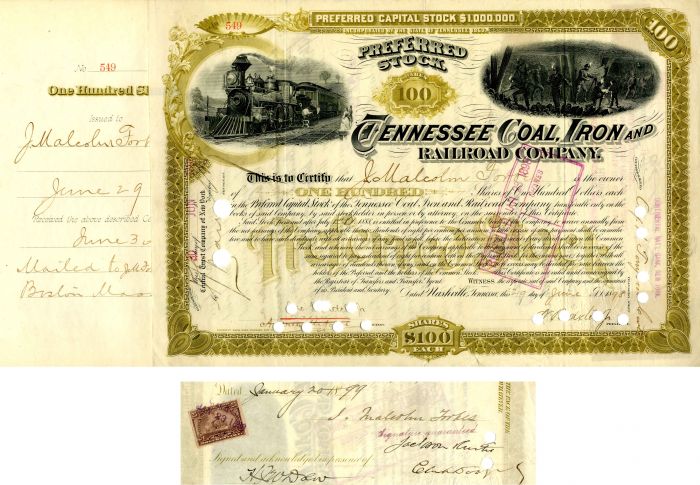 Tennessee Coal, Iron and Railroad Co. signed by J. Malcolm Forbes - 1898 dated Autograph Railway Stock Certificate