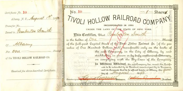 Tivoli Hollow Railroad Co. signed by W.B. Van Rensselaer - Stock Certificate