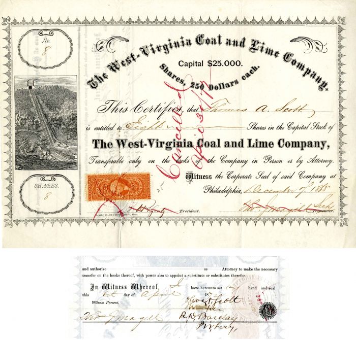 West-Virginia Coal and Lime Co. signed by Thomas A. Scott - Stock Certificate