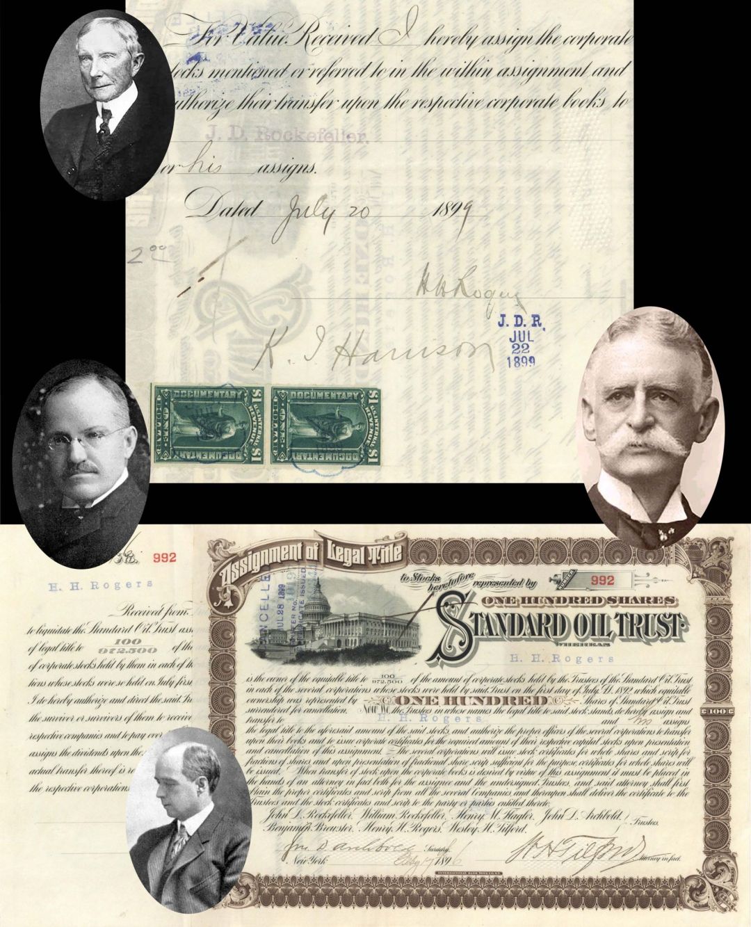 Standard Oil Trust signed by Henry H. Rogers, John D. Archbold, Wesley H. Tilford and transferred to J.D. Rockefeller - 1896 and 1899 signed Autographed Stock Certificate