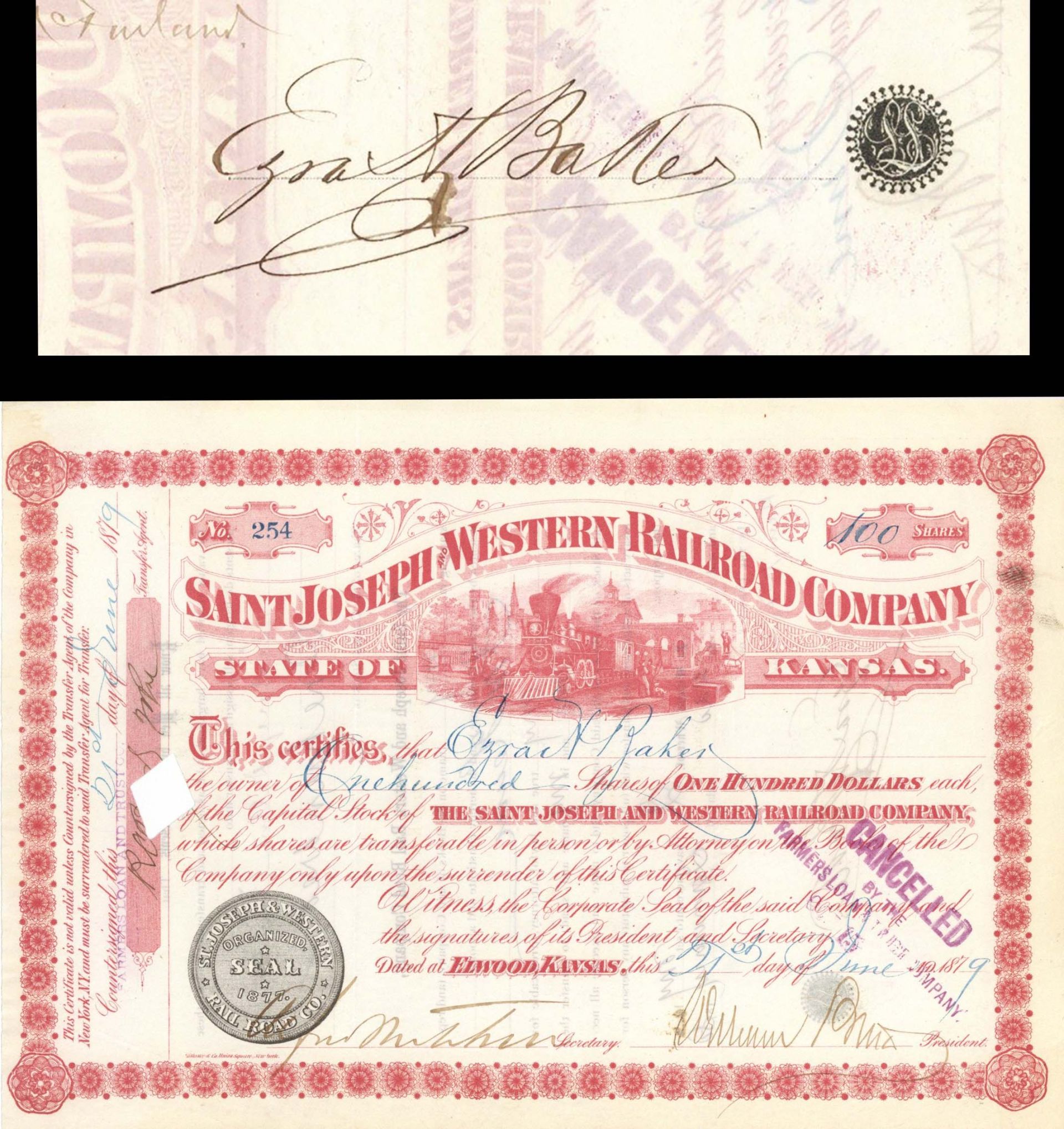 Saint Joseph and Western Railroad Co. signed by E.H. Baker - Stock Certificate