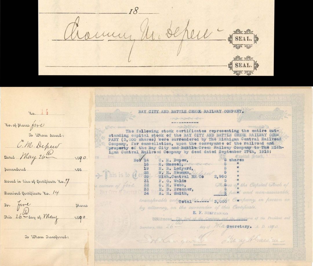 Bay City and Battle Creek Railway Co. signed by Chauncey M. Depew - 1890 dated Autographed Stock Certificate