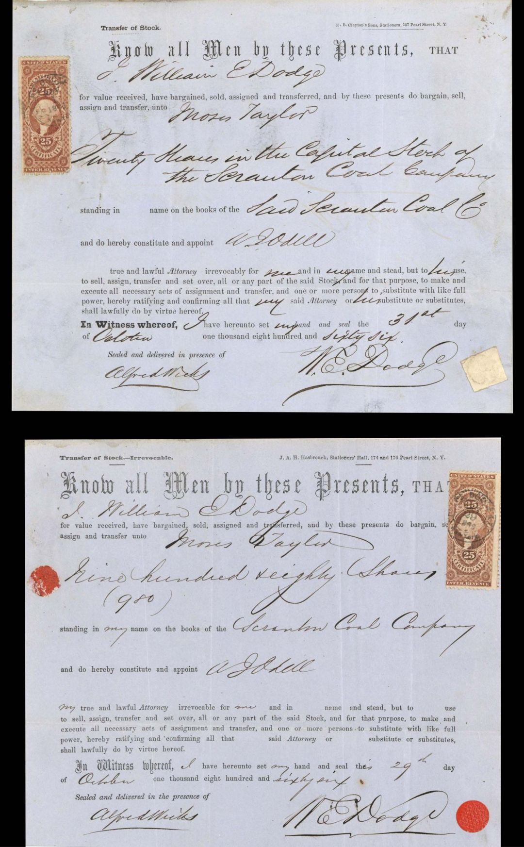 Scranton Coal Co. - Pair signed by William E. Dodge, Sr. on both - 1866 dated Autograph