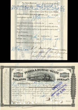 Peoria and Bureau Valley Railroad Co. Issued to C.W. Durant Estate - 1891 dated Railway Stock Certificate