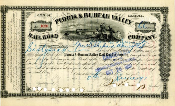 Peoria and Bureau Valley Railroad Co. Issued to C.W. Durant Estate - Railway Stock Certificate