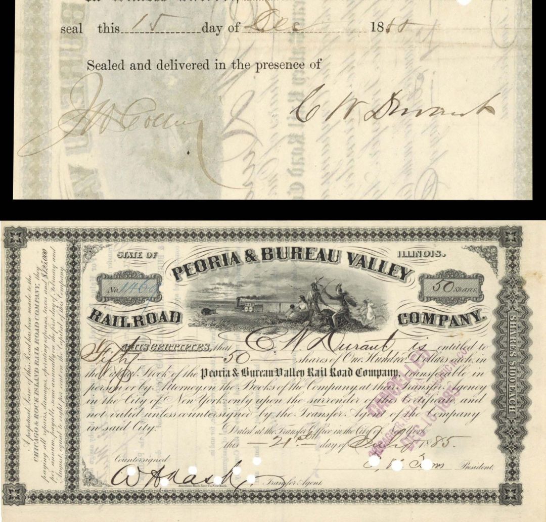 Peoria and Bureau Valley Railroad Co. issued to and signed by C.W. Durant - 1885 dated Autographed Stock Certificate