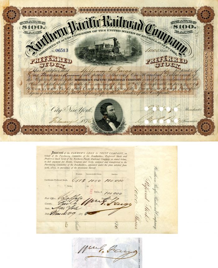 Northern Pacific Railroad Co. signed by Wm. G. Fargo - Stock Certificate