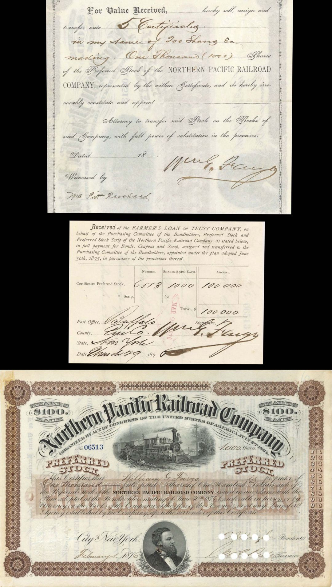Northern Pacific Railroad Co. signed twice by William G. Fargo - 1876 dated Autographed Stock Certificate