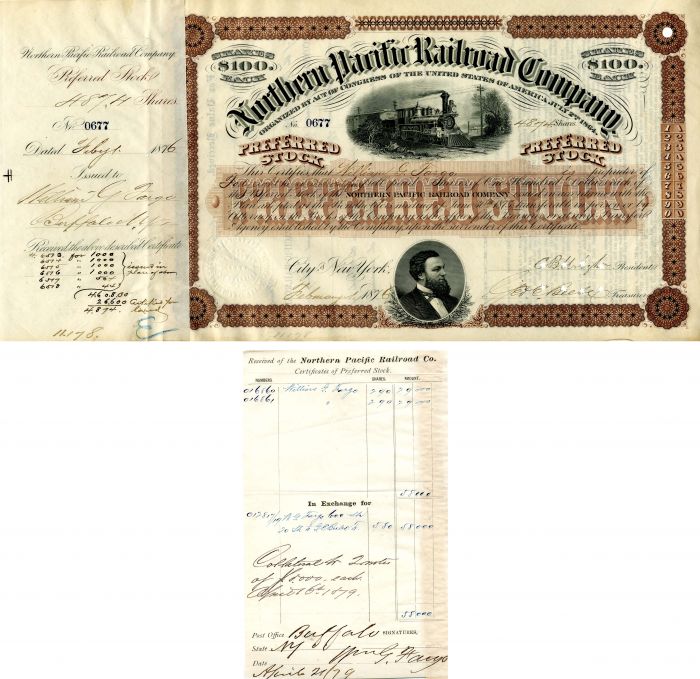 Northern Pacific Railroad Co. signed by William. G. Fargo - 1876 dated Autograph Stock Certificate