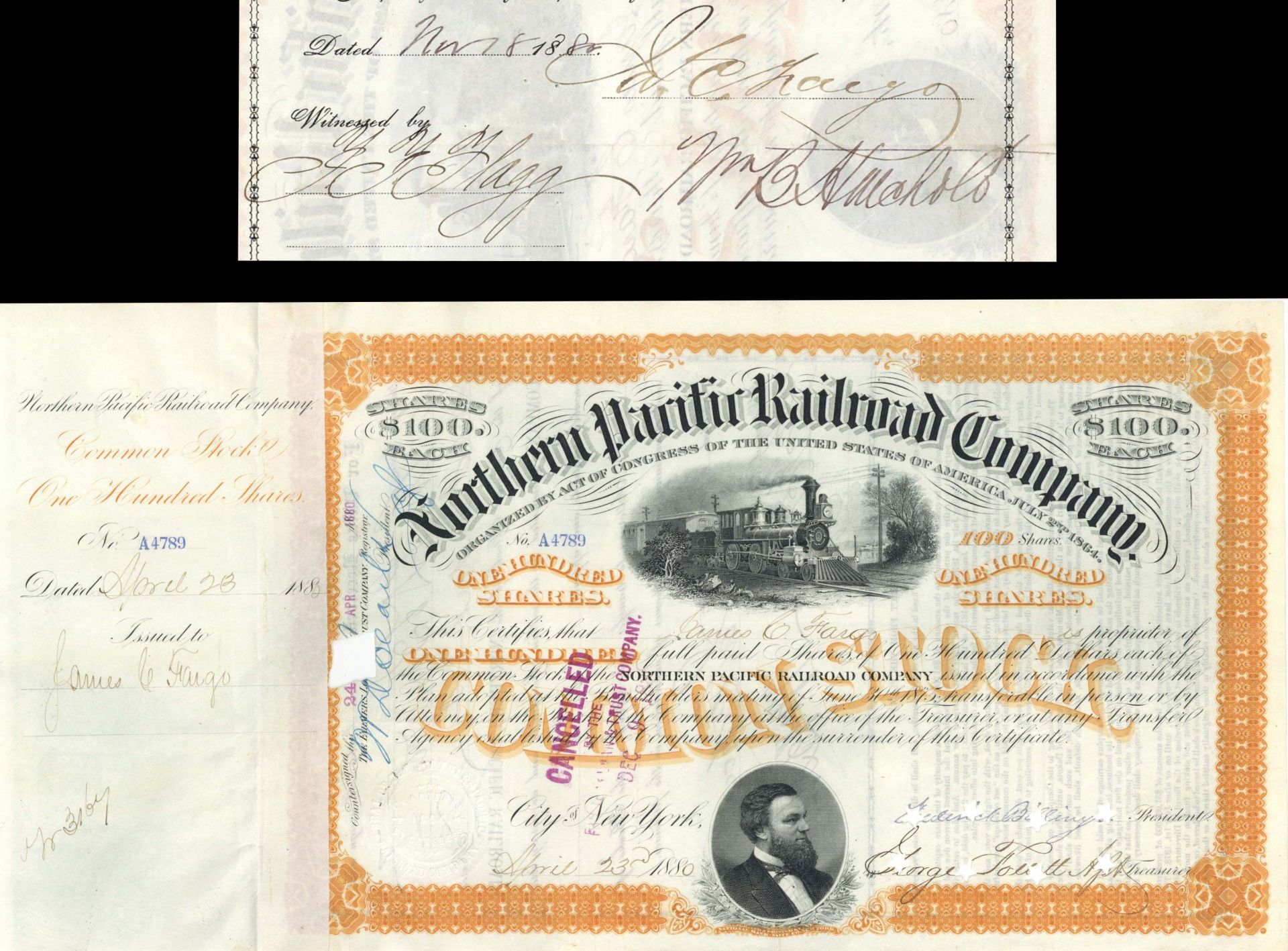 Northern Pacific Railroad Co. issued to and signed by James C. Fargo - Stock Certificate