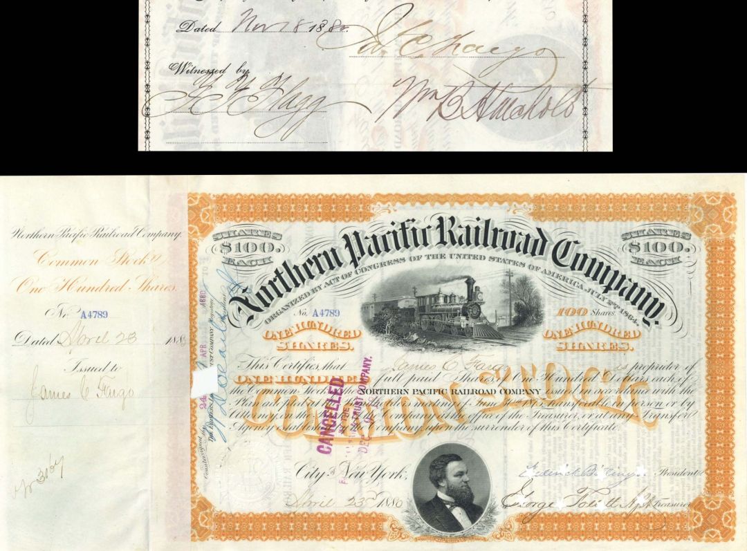 Northern Pacific Railroad Co. issued to and signed by James C. Fargo - 1880 dated Autographed Stock Certificate