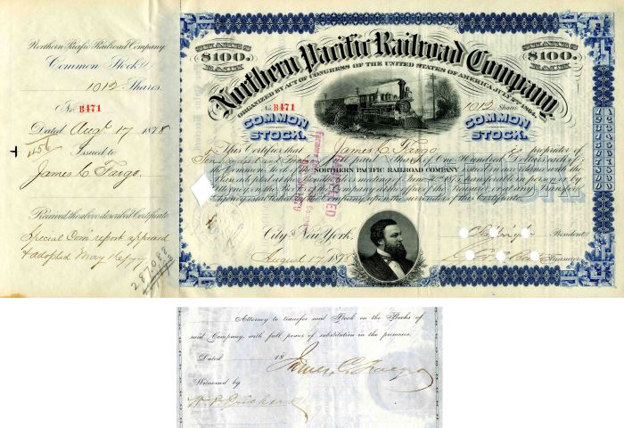 Northern Pacific Railroad Co. issued to and signed by James C. Fargo - Stock Certificate