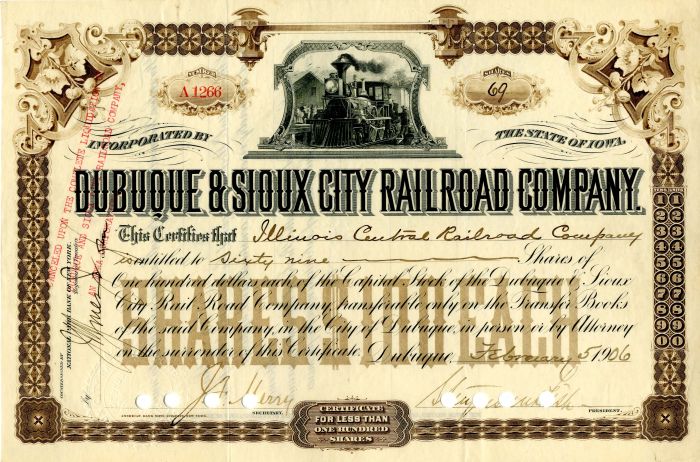 Dubuque and Sioux City Railroad Co. signed by Stuyvesant Fish - 1903 dated Autograph Railway Stock Certificate