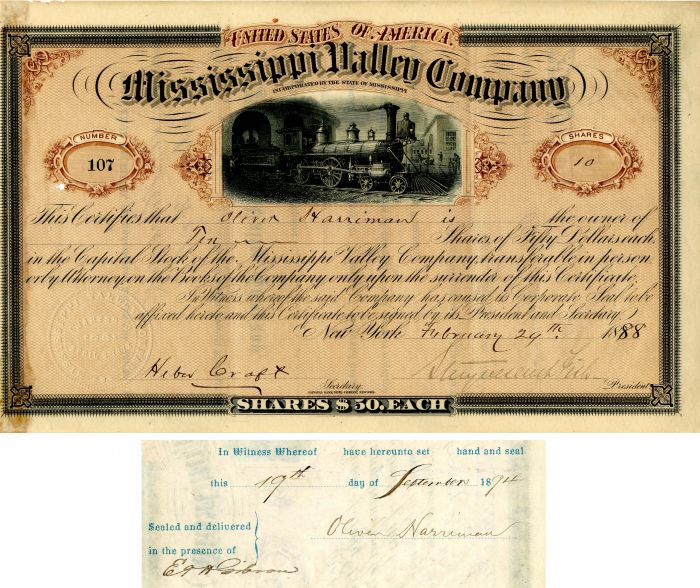 Mississippi Valley Co. signed by Stuyvesant Fish - 1888 dated Autograph Railway Stock Certificate