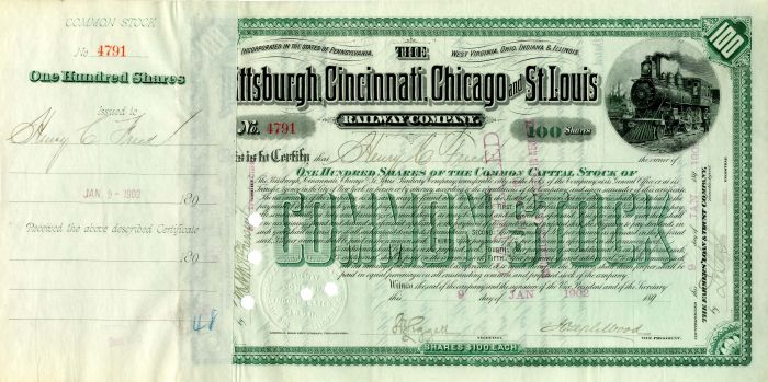 Pittsburgh, Cincinnati, Chicago and St. Louis Railway Co. Issued to Henry C. Frick - Stock Certificate