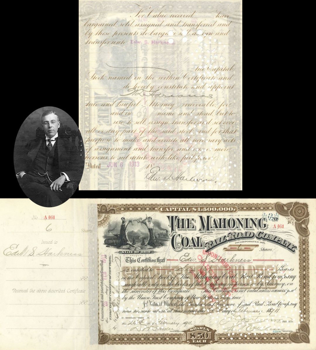 Mahoning Coal Railroad Co. issued to and signed by Edward S. Harkness - 1901 or 1902 dated Autographed Stock Certificate