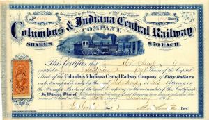 Columbus and Indiana Central Railway Co. Issued to M.K. Jesup - Stock Certificate
