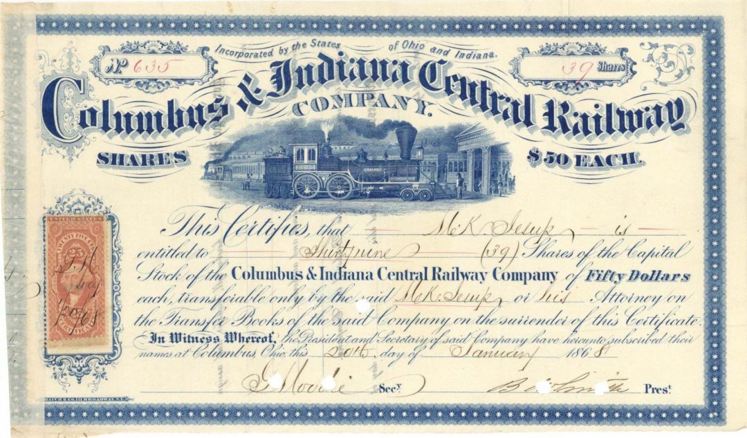 Columbus and Indiana Central Railway Co. Issued to M.K. Jesup - 1868 dated Stock Certificate
