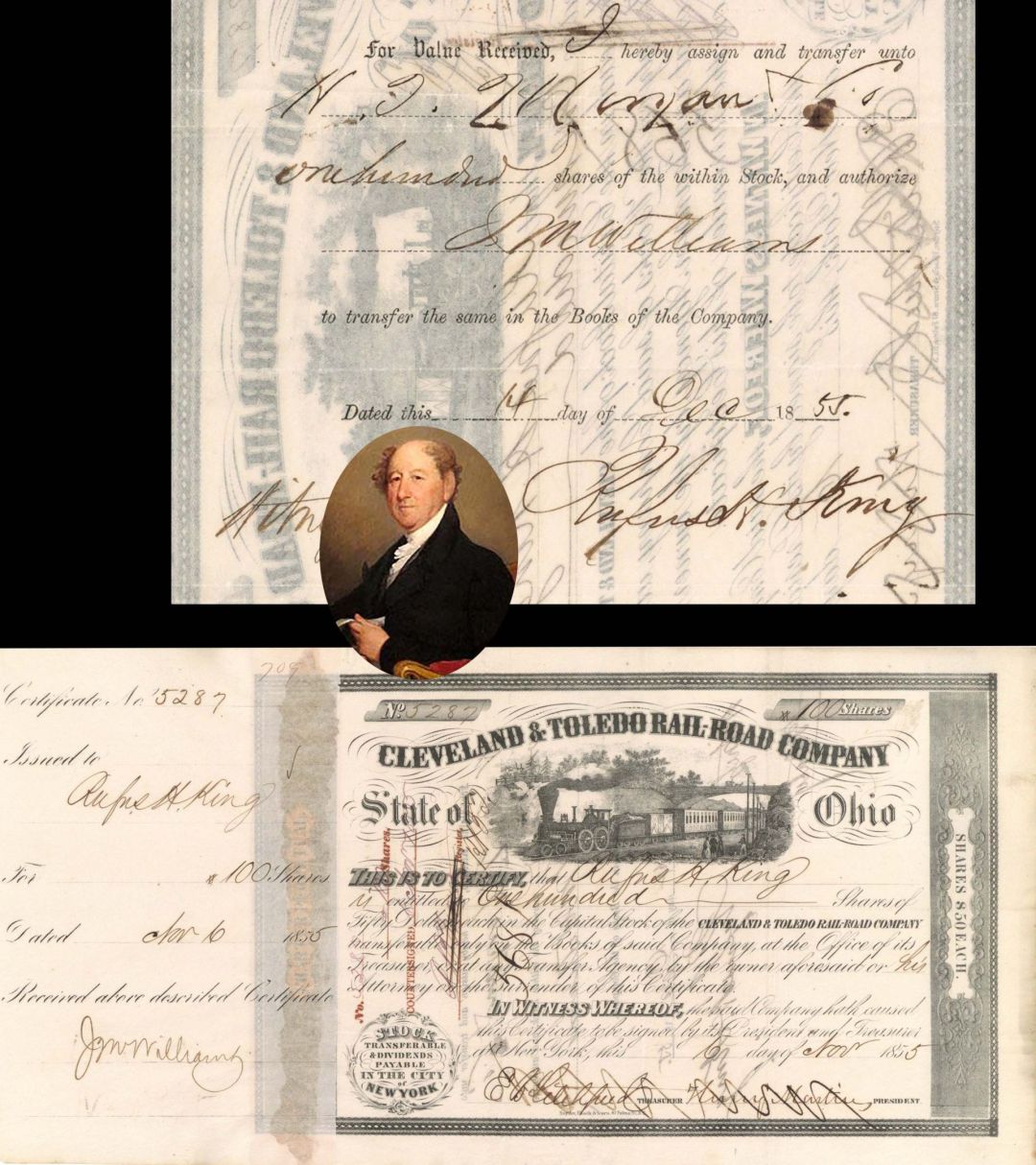 Cleveland and Toledo Rail-Road Co. signed by Rufus H. King - 1855 dated Autographed Stock Certificate