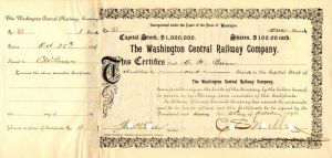 Washington Central Railway Co. signed by C.W. Mellen and Geo. H. Earl - Stock Certificate